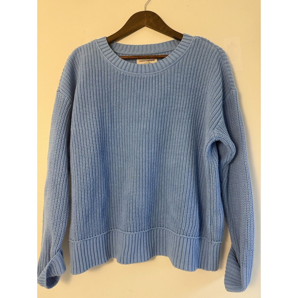 Lucky Brand Women 1X Blue Chunky Knit Cotton Blend Crewneck Sweater Pullover